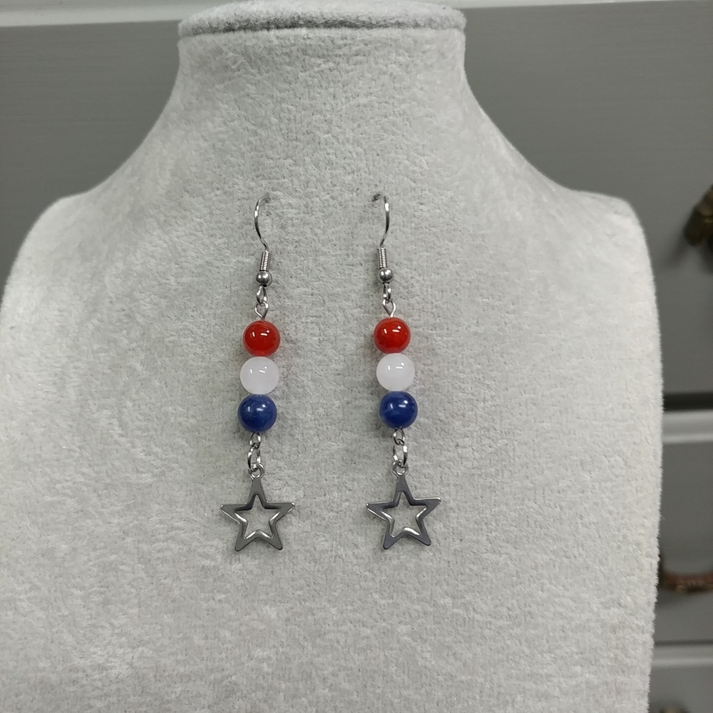 Natural Gemstone Star Earrings Surgical Stainless-Steel Carnelian Jade Sodalite - Picture 5 of 12
